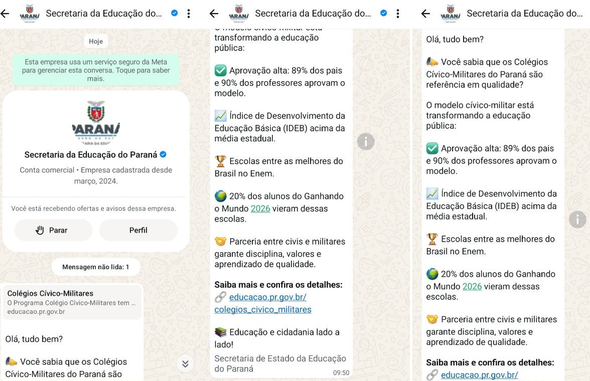 Secretaria de Educação usa WhatsApp para defender modelo cívico-militar