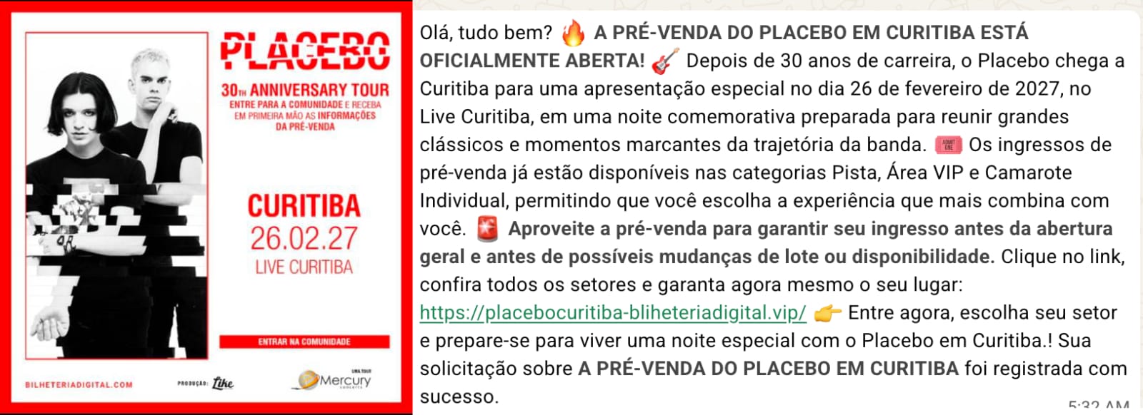 Foto e texto do WhatsApp utilizadas por golpistas na venda de ingressos.