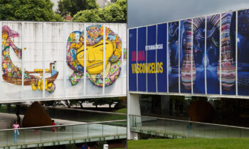 Estrutura e banners que cobrem os grafites de OSGEMEOS no Museu Oscar Niemeyer. (Foto de: Wagner Roger)
